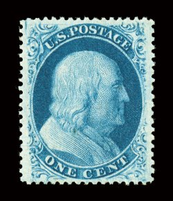 24, 1c Blue, Ty. V, an incomparable quality mint example of a relatively available stamp, however this magnificent copy features physical characteristics which are unrivaled by
any other we have ever offered, let alone seen, most impressive of a
