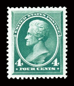 211, 4c Blue green, gem mint single, featuring a marvelous overall freshness and brilliance few others enjoy, with deep luxuriant color and a prooflike impression on bright
paper, plus it is exceedingly well centered within remarkably large marg