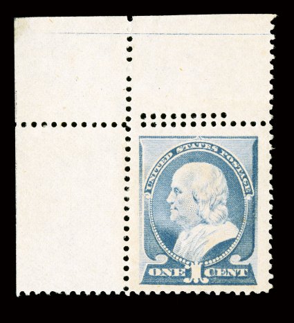 212, 1c Ultramarine, a breathtaking top left corner sheet-margin mint example in the finest attainable quality, possessing nearly perfect centering amid enormous margins,
wonderfully fresh and bright color on immaculate paper, o.g., never hinged