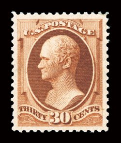 217, 30c Orange brown, perfectly centered within unusually wide margins all around, spectacularly intense color and a crisp highly detailed impression on immaculate paper,
unblemished o.g. without a single gum bend or skip, never hinged, extreme