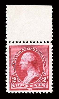 220, 2c Carmine, a top sheet-margin single that is the essence of perfection, being flawlessly centered amid gigantic jumbo margins, contributing further to this stamps
spectacular eye appeal is its brilliantly fresh and intense color on immacu