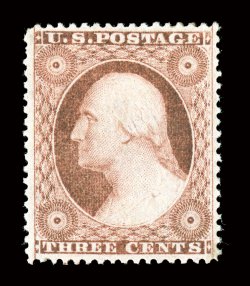 26, 3c Dull red, Ty. III, incredibly well centered amid margins which are lavishly large, deep rich color and a well defined impression, full clean o.g., lightly hinged a couple
of times, extremely fine gem seldom encountered in such outstandin