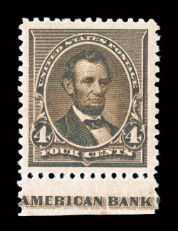 222, 4c Dark brown, an impressive bottom sheet-margin partial imprint single, being exceptionally well centered amid lavishly large margins, deep luxuriant color, o.g., n.h.,
extremely fine a most eye-appealing jumbo 1986 PF certificate ex-