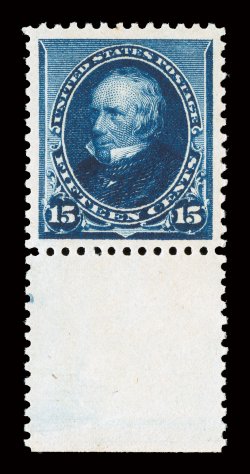 227, 15c Indigo, striking bottom sheet-margin mint single, extraordinarily well centered amid lavishly large margins which are most uncharacteristic, equally impressive is this
stamps spectacularly intense color and impression on bright fresh p