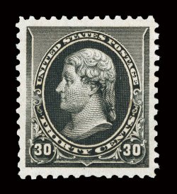 228, 30c Black, essentially perfectly centered amid extravagantly large margins that certainly qualify as jumbo for this value, marvelously bright and fresh overall, with
prooflike color and impression on immaculate paper, pristine o.g., n.h., a