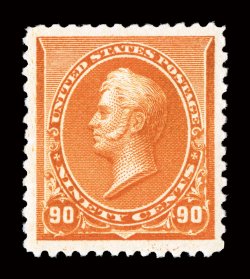 229, 90c Orange, a striking jumbo-margined mint example, featuring huge and wonderfully well balanced margins all around, plus its color is especially intense and its impression
deeply etched on bright paper, o.g., lightly hinged, extremely fine