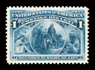 230, 1c Columbian, perfectly balanced jumbo margins all around, deep rich color and an incredibly sharp impression on brilliantly fresh paper, full even perforations surround
the whole, unblemished o.g. without a single gum bend or skip, n.h., s