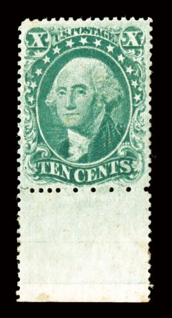 31, 10c Green, Ty. I, position 100R1, an incomparable bottom sheet-margin mint single, possessing essentially perfect centering amid uncharacteristically large margins,
brilliantly fresh, with rich vibrant color and a clean crisp impression on b