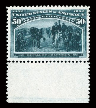 240, 50c Columbian, a phenomenal bottom sheet-margin example, being in a condition that is nothing short of mind-boggling, as each and every aspect of this remarkable stamp
could not be improved upon, from its near perfect centering amid absolut