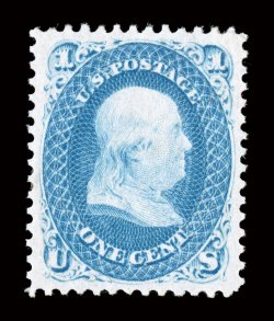 63, 1c Blue, fabulously well centered within huge perfectly balanced margins, gorgeous bright color and an incredibly detailed impression on brilliantly fresh paper, fully intact
perforations surround the whole, especially clean full o.g., light