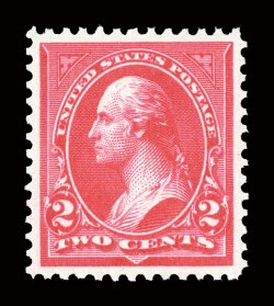 267, 2c Carmine, Ty. III, mathematically perfect centering within uncharacteristically large margins, absolutely stunning color that could not be more deep and iridescent,
immaculate o.g., n.h., a superb gem.The relatively common stamp present