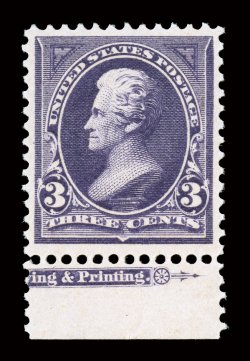 268, 3c Purple, pristine bottom sheet-margin partial imprint single, extraordinarily well centered and margined, luxuriously rich color and a crisp detailed impression, pristine
o.g., n.h., extremely fine gem 1998 PF certificate.