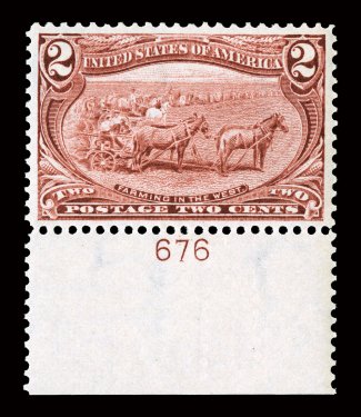 286, 2c Trans-Mississippi, select bottom sheet-margin plate no. 676 single, marvelously bright and fresh, extraordinarily well centered and margined, bright rich color, o.g.,
n.h., extremely fine 1992 PF certificate.