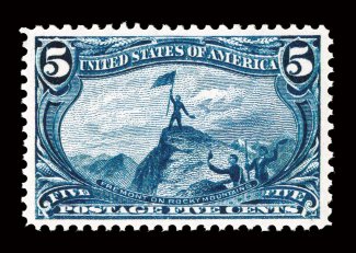 288, 5c Trans-Mississippi, incredibly well centered within unusually large margins, stunning intense color and a razor-sharp impression on brilliantly fresh white paper,
unblemished o.g., n.h., extremely fine an absolute gem for the perfectioni