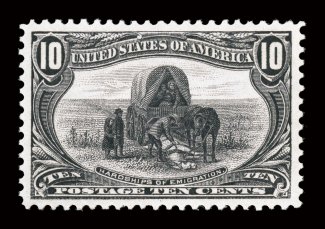 290, 10c Trans-Mississippi, incredibly well centered within considerably larger margins than typically encountered, also contributing to this stamps exceptional overall eye
appeal is its incredibly intense color in a deep shade, plus its impres