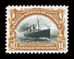 299, 10c Pan-American, gem mint single, flawlessly centered within uncharacteristically large margins, deep luxuriant colors, even the central vignette is perfectly centered
within the frame, pristine o.g., n.h., extremely fine Ten Cent Pan-A