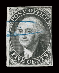 9X1e, New York, N.Y. 5c Black Postmaster Provisional, without signature, used, four margins ranging from close to large (tiny nick at top of left margin), fresh color and a
strong impression, light blue ms. cancel, very fine clear 1985 PF certi