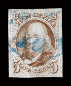 1, 5c Red brown, premium quality used single, four large even margins, bright color and a fine impression, cancelled solely by a light  blue town postmark, extremely fine and
handsome.