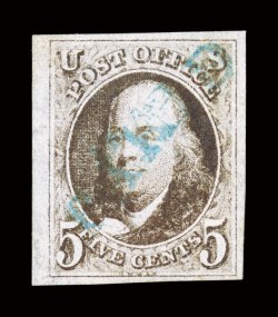 1, 5c Red brown, handsome used example, possessing large to extra-large margins all around, including a sizable margin at left which may be a partial sheet margin, warm rich
color and a later impression, light strike of central blue straight