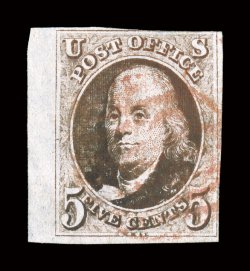 1, 5c Red brown, left sheet-margin single, the bottom and right margins are full, the top margin is just into the frame line at right, strong color, minor creasing, very fine
appearance.