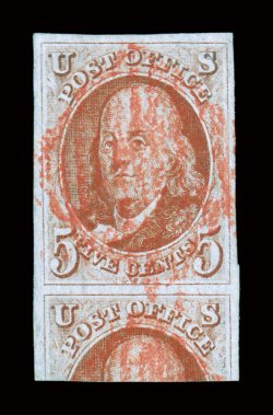 1b, 5c Orange brown, a spectacular used example of this scarce color variety, possessing large to enormous margins all around, with nearly one half of the adjoining stamp
appearing at bottom, absolutely gorgeous color and impression on bright pa