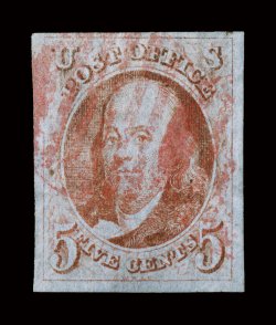 1d, 5c Brown orange, used example of this desirable shade, four large to very large margins, bright color and clean impression on strong bluish paper, red grid cancels, tiny
natural inclusions, very fine clear 1994 PF certificate and a 2008 PF