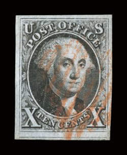 2, 10c Black, used, large margins all around including an extra-large margin at bottom showing the adjoining stamps frame line, strong color and a highly detailed impression,
light red grid cancel, barest trace of a thin speck, otherwise extrem