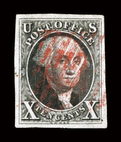 2, 10c Black, used, large margins all around, strong color and impression, red grid cancel, small flaws, extremely fine appearance.