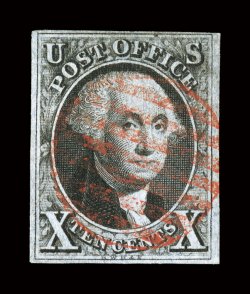 2, 10c Black, used, margins all around ranging from large to a little close at top, fine impression, light red grid cancel, very fine 1985 PF certificate.