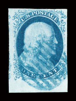 7, 1c Blue, Ty. II, an impressive used bottom sheet margin example, featuring large margins all around, showing just a bit of the adjacent stamp at left, deep luxuriant color
and a strong impression, neat blue grid cancel, extremely fine gem 20