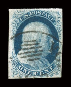 7, 1c Blue, Ty. II, used, four full to large margins, deep color and impression, cancelled by a crisp strike of a scarce New York Ocean Mail postmark, extremely fine 2007 PSE
certificate.