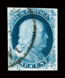 8, 1c Blue, Ty. III, attractive used example of this elusive and difficult stamp, three large margins, fourth at top just touching, deep luxuriant color and a well defined
impression on bright white paper, light and unobtrusive portion of a town