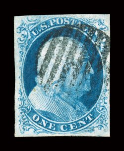 8A, 1c Blue, Ty. IIIa, used, large margins all around, strong break at top, rich color and a crisp detailed impression, black grid cancel, small light spot on the collar,
choice very fine clear 1997 PSE certificate.