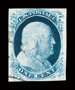 9, 1c Blue, Ty. IV, position 56R1L, wide margins, strong color and a highly detailed impression, uncharacteristically light cancel, extremely fine 2006 PF certificate for a
pair, this being the right stamp, and a 2008 PSE certificate for the si