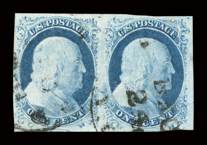 9, 1c Blue, Ty. IV, used horizontal pair, full to very large margins all around, fresh color and a clean impression, light town cancels, extremely fine 2008 PSE
certificate.