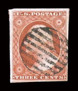10A, 3c Orange brown, Ty. II, lovely used example, with four mostly large margins, sumptuously rich color and a well defined impression, neat grid cancel, extremely fine 2004
PF certificate.