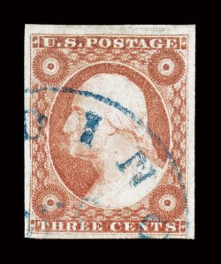 11, 3c Dull red, gem used top right corner sheet-margin single, boasting large margins all around, including portions of the sheet margin at top and right, deep rich color,
light neat strike of a blue town c.d.s., extremely fine a particula
