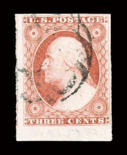 11 var., 3c Brownish carmine, position 96L7, impressive large bottom sheet-margin single, possessing unusually large margins on the other three sides, including showing a
portion of the stamp at left, lovely color and crisp impression in a pale
