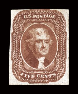 12, 5c Red brown, a rarely seen mint example, strong color and a detailed impression, three full to large margins, just barely touching the design at top, full original gum,
minor corner crease at top right, otherwise fine 1997 PSE certificate.
