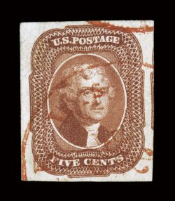 12, 5c Red brown, a visually stunning example that is one of the finest used examples of Scott 12 that exists with a colored cancellation, possessing huge well balanced
margins all around, including showing a small portion of the adjoining