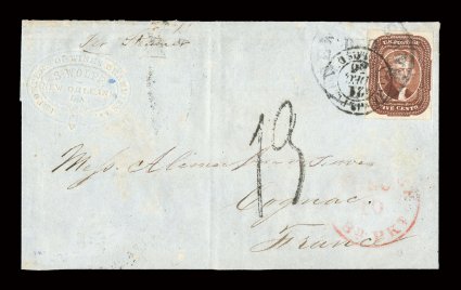 12, 5c Red brown, choice single with four large margins and deeply rich color, tied by New Orleans c.d.s. and French transit pmk. on 1856 folded cover to Cognac, France, with
embossed wine merchants corner card of S. Wolff, New Orleans at t