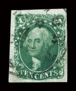 14 var., 10c Green, Ty. II, Dry Print, four exceptionally large margins, nice color and impression which is most uncharacteristic for a Dry Print, light strike of town c.d.s.,
a wonderful example of this tough variety, extremely fine gem 2001