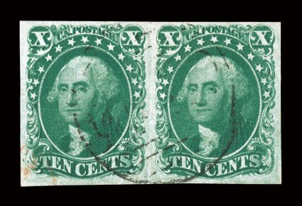 14, 10c Green, Ty. II, an extremely attractive horizontal pair, showing positions 1-2R1 well margined all around, wonderfully fresh with deep green color on white paper,
lightly cancelled by circular Boston Paid grid pmk., extremely fine 1987