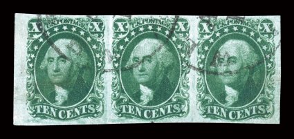 14, 10c Green, Ty. II, an especially handsome horizontal strip of three, with large to huge margins all around including a sheet margin at left, sumptuously rich color and an
excellent clarity of impression, light town cancels, extremely fine an