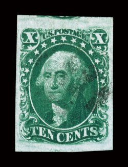 15, 10c Green, Ty. III, used, four lavishly large margins, strikingly intense color in a deep shade, plus its impression is well incised on bright fresh paper, very light and
unobtrusive cancel, extremely fine a lovely used gem 2006 PSE certif