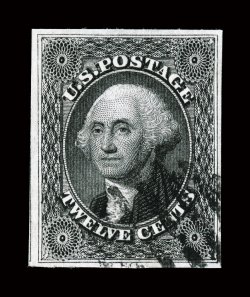 17, 12c Black, gem used example with four large margins, including a small part adjacent stamp visible at bottom left, face-free black grid cancel, strong color and
impression, extremely fine 1994 PF certificate for pair (this being the bottom