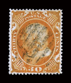 38, 30c Orange, a magnificent quality used example, possessing essentially perfect centering amid uncharacteristically large margins, so large in fact that the perforations
clear the design all around which is almost impossible to find on this t