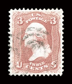 65, 3c Rose, a beautiful used example of this relatively common stamp, in anything but common quality, possessing outstanding centering within large margins, lovely rich color
and a highly detailed impression on pristine white paper, uncommonly