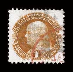 112, 1c Buff, a most impressive jumbo-margined used example, boasting enormously large margins all around and being wonderfully well centered within them, deep rich color,
lovely red c.d.s. in addition to a light black cork cancel, extremely