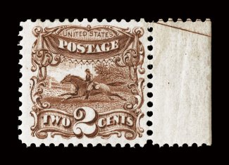 124, 2c Brown re-issue, a pristine right sheet-margin mint example, possessing an overall brilliance and freshness rarely encountered, deep rich color and a sharp detailed
impression on immaculate paper, rather well centered, unblemished full o.